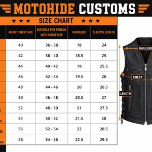 May include: Black leather vest with a size chart. The vest features a zip closure, pockets, and lace-up sides. The size chart provides chest, shoulder, and sleeve measurements in inches for sizes XS to 6XL. The brand name is Motohide Customs.