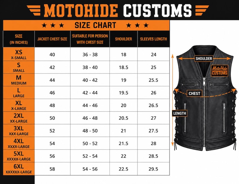 May include: Black leather vest with a size chart. The vest features a zip closure, pockets, and lace-up sides. The size chart provides chest, shoulder, and sleeve measurements in inches for sizes XS to 6XL. The brand name is Motohide Customs.
