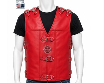 Rood leren bikervest heren | Motorgilet met gotische gesp | Punk Rock Riding Club-vest