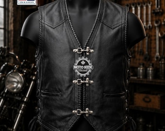 Op maat gemaakt leren motorvest, steampunk bikerstijl, met veters aan de zijkant en V-hals.