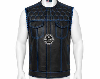 Zwart leren bikervest: zeshoekig doorgestikt ontwerp, gothic punkstijl
