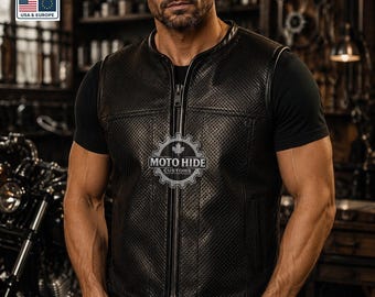 Zwart geperforeerd leren motorvest voor heren, biker vest, verkrijgbaar in aangepaste maten.