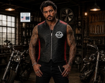 Zwart leren bikervest met krokodillenprint, op maat gemaakte zijpanelen, motormode