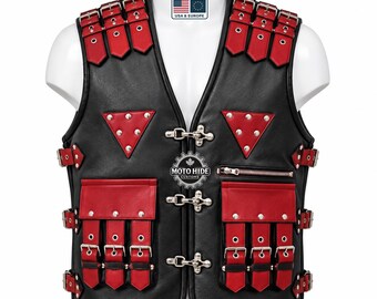 Roodzwart leren biker vest, gothic punk motorstijl, met studs versierd utility vest