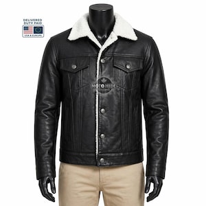Men's Black Napa Leather Trucker Jacket, Sherpa Lined, Western Biker Coat, Fur Collar