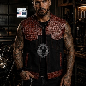 May include: A black and red leather vest with a crocodile texture on the shoulders and trim. The vest has two front pockets and a black body. The image includes the text "MOTO HIDE CUSTOMS".