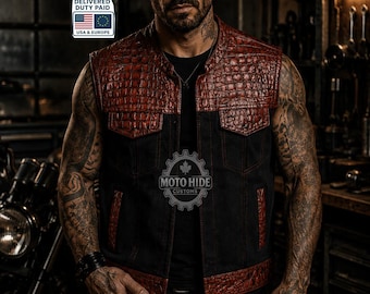 Krokodillenleren bikervest heren, zwart denim motorclubvest, Gothic Rider Fashion-gilet