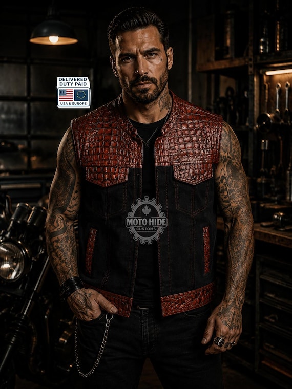 Crocodile Leather Biker Vest Men, Black Denim Motorcycle Club Vest, Gothic Rider Fashion Waistcoat