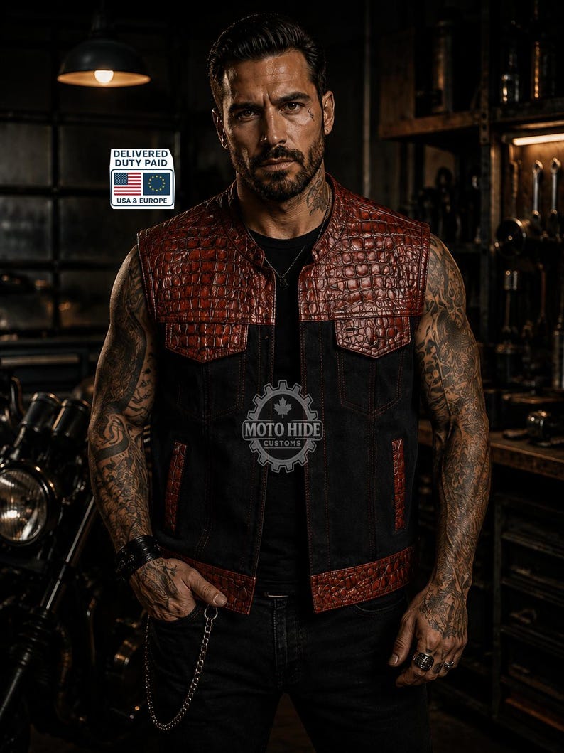May include: A black and red leather vest with a crocodile texture on the shoulders and trim. The vest has two front pockets and a black body. The image includes the text "MOTO HIDE CUSTOMS".