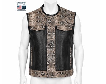 Chaleco de cuero negro para hombre estilo motero / Chaleco estilo club de motociclistas con panel de piel de serpiente