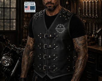 Handmade Black Biker Leather Vest Men, Motorcycle Club Punk Gothic Waistcoat with Buckle Straps