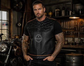 Men's Black Python Embossed Leather Motorcycle Vest | Quilted Biker Waistcoat, Rider Style
