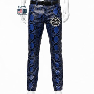 Men's Blue Python Print Leather Biker Pants, Slim Fit Exotic Trousers