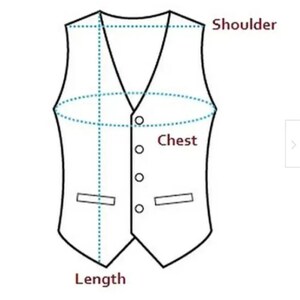May include: Line drawing of a waistcoat with measurement labels: shoulder, chest, and length. The waistcoat has a V-neck, four buttons, and two pockets. Dotted lines show measurement points.