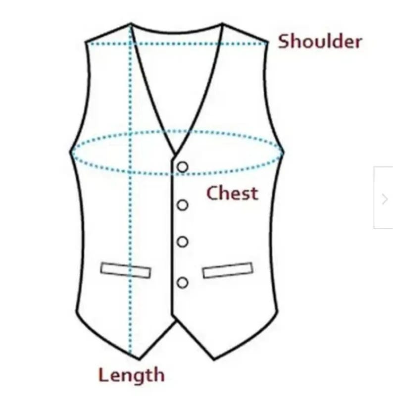 May include: Line drawing of a waistcoat with measurement labels: shoulder, chest, and length. The waistcoat has a V-neck, four buttons, and two pockets. Dotted lines show measurement points.