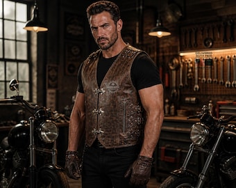Echt leren bikervest heren – rocker-stijl motorgilet, verstelbare veter, gespsluiting