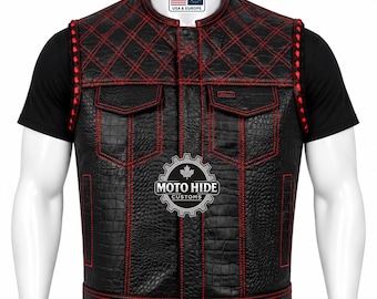 Biker vest voor heren van leer met krokodillenprint: gothic rockstijl, verkrijgbaar in diverse kleuren.
