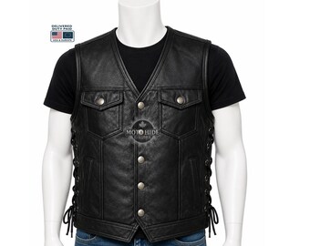 Zwart leren bikervest heren | Motorclubstijl met veters aan de zijkant