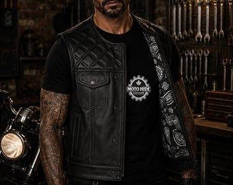 Gewatteerd leren motorvest heren, zwarte motorkleding Biker Club Rider