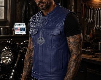 Leren heren bikerclubvest, rood gewatteerd motorvest rijderstijl roodblauwe kleur