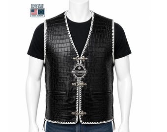 Leren vest met krokodillenreliëf heren | Zwart gotisch motorgilet | Punk Biker Club-kleding