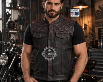 Gilet de motard en cuir perforé pour homme, devant matelassé, surpiqûres rouges, coupe personnalisée