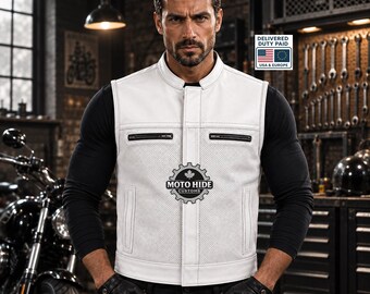 Motorvest van geperforeerd leer in custom kleur: bikerstijl, zakken met rits, opstaande kraag
