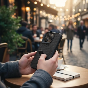 May include: A black phone case with a textured design and a circular magnetic attachment is held in front of a blurred outdoor cafe scene. The case has a built-in stand. A cup of coffee and a notebook are on the table.