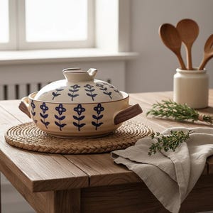 May include: A beige ceramic casserole dish with a lid, adorned with blue floral patterns. The dish has wooden handles and sits on a round woven placemat. Wooden spoons and a sprig of herbs are in the background.