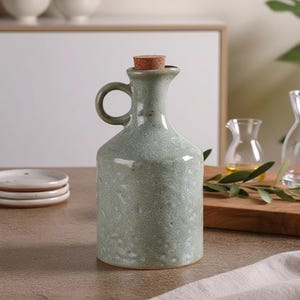 May include: A pale green ceramic oil bottle with a cork stopper and a handle. The bottle has a speckled texture and a curved spout. The bottle is on a brown surface.