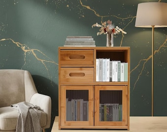 Bamboo Kitchen Storage Cabinet, Bread Box with Drawers for Countertop Organization