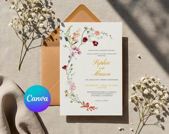 Mall för blommig bröllopsinbjudan, redigerbar Canvas-inbjudan, digital brud- och brudgumsinbjudan, direktnedladdning, utskrivbar bröllopsinbjudan