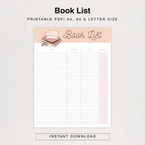 Puede incluir: Una lista de libros imprimible con un encabezado rosa claro con el texto "Book List" en un estilo manuscrito. El diseño incluye un gato durmiendo sobre una pila de libros. El documento está disponible en tamaños A4, A5 y Carta.