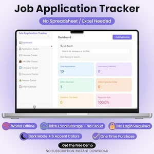 Interactive Job Application Tracker HTML App | Offline Job Search Tracker  | Interviews and Offers Tracking Tool  | Career Planner