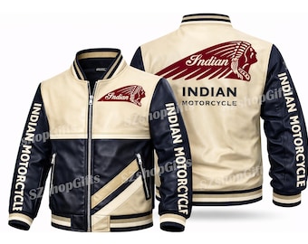Bomber Indian Motorcycle en cuir, motard streetwear zippé en cuir de vachette crème bleu marine