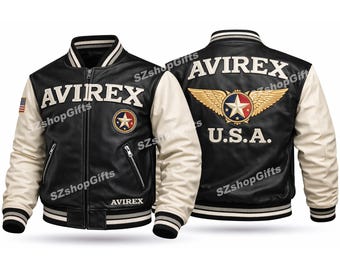 Leren Avirex-jack, zwart Varsity-bikerjack, streetwear-bovenkleding voor heren