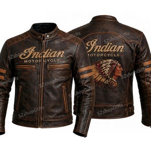 May include: A brown leather motorcycle jacket with the text "Indian MOTORCYCLE" on the front and back. The back of the jacket features an embroidered image of a Native American chief. The jacket has a zipper closure and brown stripes on the sleeves.
