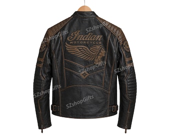 Indiase leren motorbommenwerper, zwart en bruin koeienhuid biker-streetwear met ritssluiting