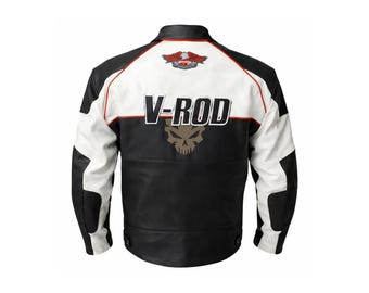 Chaqueta de cuero V-ROD personalizada para hombre, estilo motero, color negro.