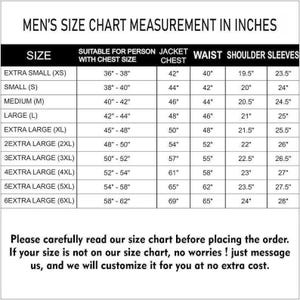 Op de afbeelding: Maattabel voor herenjassen in inches, met afmetingen voor borst, taille, schouder en mouwen. Maten vari&euml;rend van extra small tot 6 extra large. Bevat een opmerking om de tabel te lezen voor het bestellen.