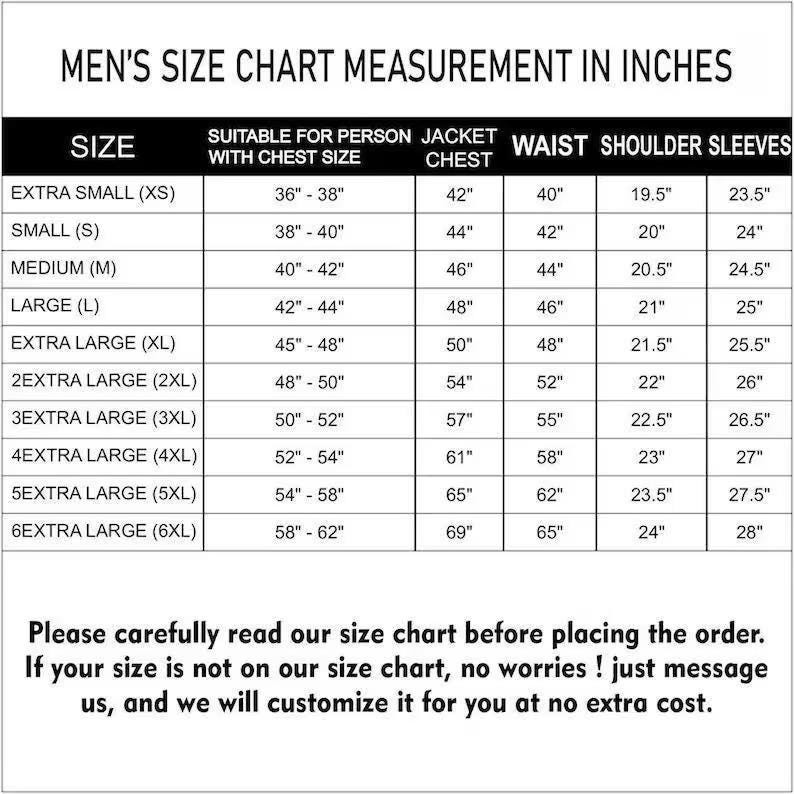 Op de afbeelding: Maattabel voor herenjassen in inches, met afmetingen voor borst, taille, schouder en mouwen. Maten vari&euml;rend van extra small tot 6 extra large. Bevat een opmerking om de tabel te lezen voor het bestellen.