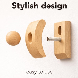 May include: A wooden door latch set with a ball-shaped knob, a curved handle, and a rectangular piece with a metal screw. The text "Stylish design" and "easy to use" are displayed.