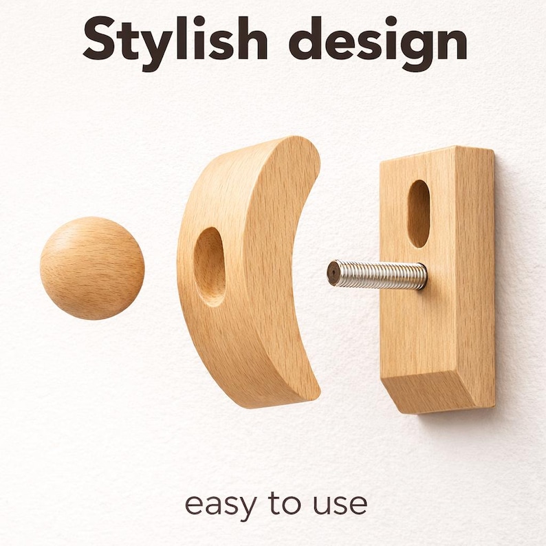 May include: A wooden door latch set with a ball-shaped knob, a curved handle, and a rectangular piece with a metal screw. The text "Stylish design" and "easy to use" are displayed.
