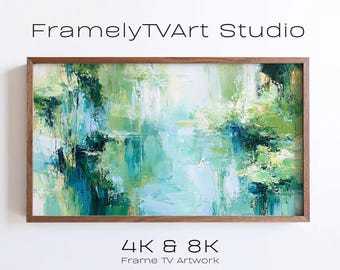 Green Abstract Samsung Frame TV Art, Textured Teal Impasto Painting (Digital Download)