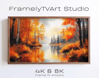 Autumn River Samsung Frame TV Art, Vibrant Orange Forest Landscape Painting (Digital Download)