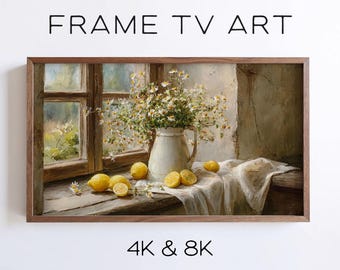 Rustic Daisy Lemon Still Life Samsung Frame TV Art, Sunlit Cottage Window (Digital Download)