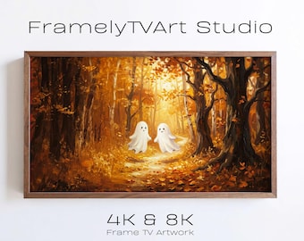 Cute Ghosts Samsung Frame TV Art, Whimsical Halloween Autumn Forest Painting (Digital Download)