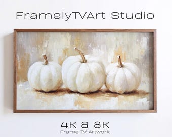 White Pumpkins Samsung Frame TV Art, Elegant Autumn Still Life Painting for Cozy Decor (Digital Download)