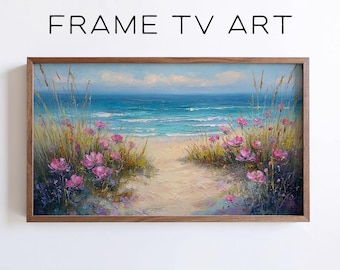 Coastal Path Samsung Frame TV Art, Pastel Impasto Summer Wildflower Beach Seascape (Digital Download)