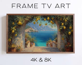 Mediterranean Seaside Terrace Samsung Frame TV Art, Italian Coastal Landscape Lemon Decor (Digital Download)